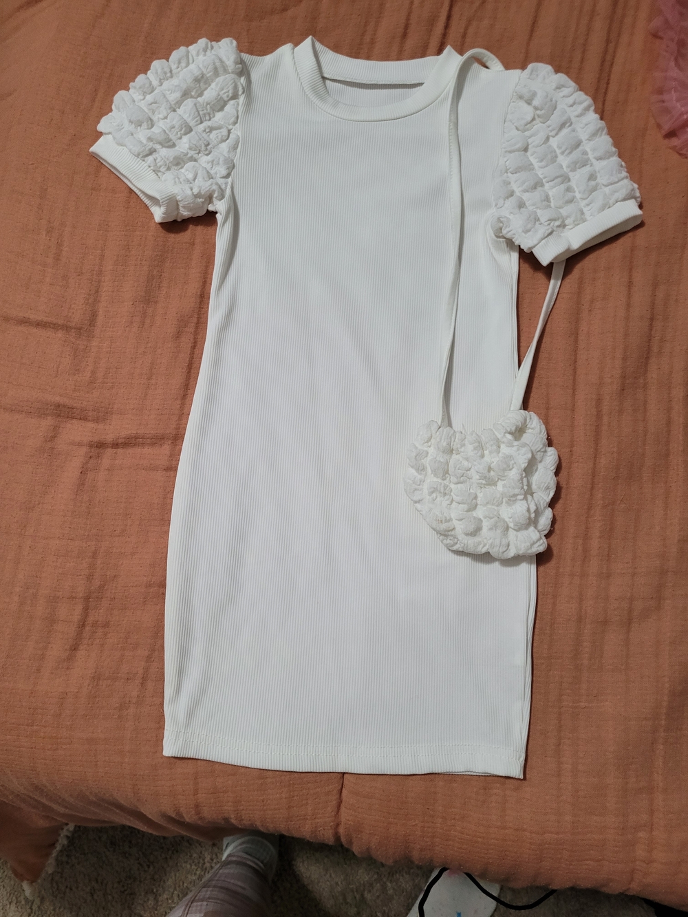White Puff-Sleeve Knit Dress with Matching Crossbody Bag